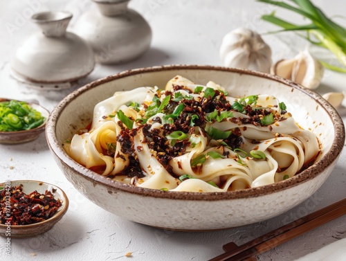Close up of biang biang noodles in a bowl with chili oil and scallions on a white surface