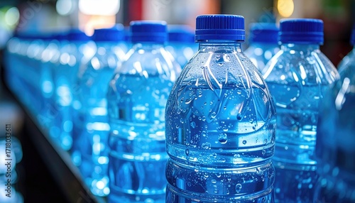 Rows of Blue Water Bottles Aligned on a Conveyor Belt in Bright Lighting with Dark Background and Selective Focus in a Manufacturing Facility