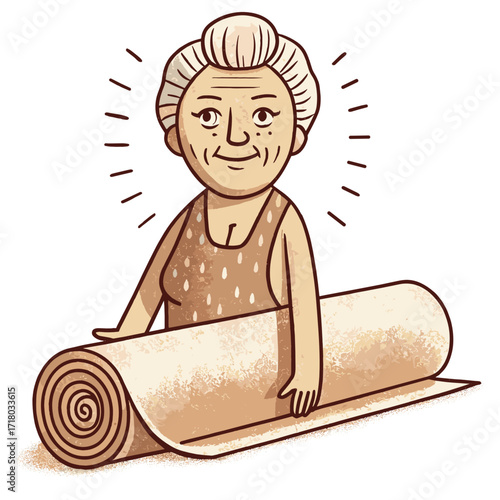 Elderly woman preparing fitness mat with a smile in casual attire  