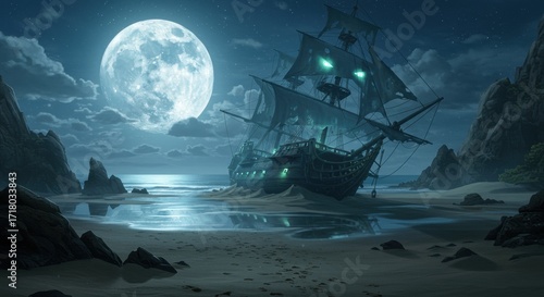 Ghost Ship on a Moonlit Beach A Haunting Seascape