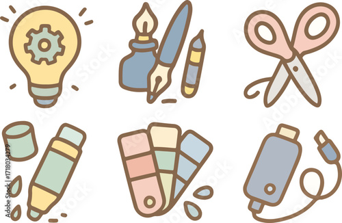Six colorful doodle icons representing creativity, design, and technology, including a lightbulb, art supplies, scissors, and a USB drive.