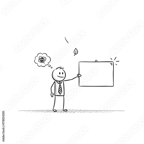 Handdrawn stick figure businessman presenting a blank sign despite a confused thought bubble.