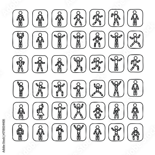Handdrawn stick figure icon set depicting various human poses actions and movements.