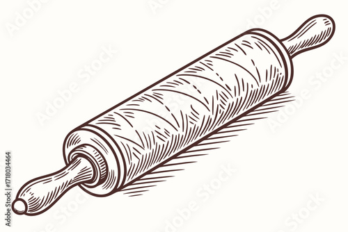 Vintage hand-drawn wooden rolling pin kitchen utensil sketch