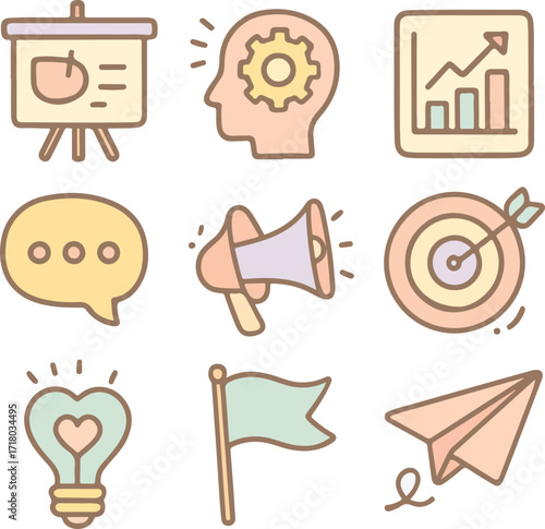 Collection of business and marketing icons representing ideas, communication, and success in a colorful style.