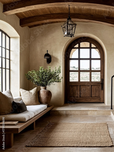 Cozy hallway with wooden arched door, rustic ceiling beams, pot with olive plant, bench with neutral pillows, and woven jute rug