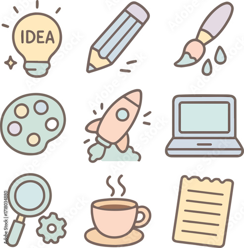 A collection of nine colorful flat design icons representing creativity, work, and innovation.