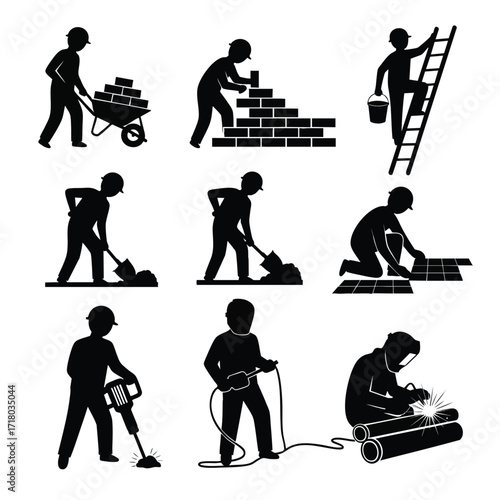 Set of black construction worker silhouettes performing various building tasks.