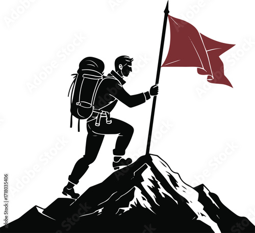 Minimal line drawing of mountain climber planting flag 1