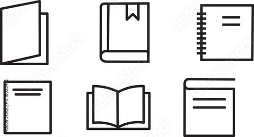 Book line icon set. Set of 24 outline icons related to the book. Library book symbol. Open and close textbook