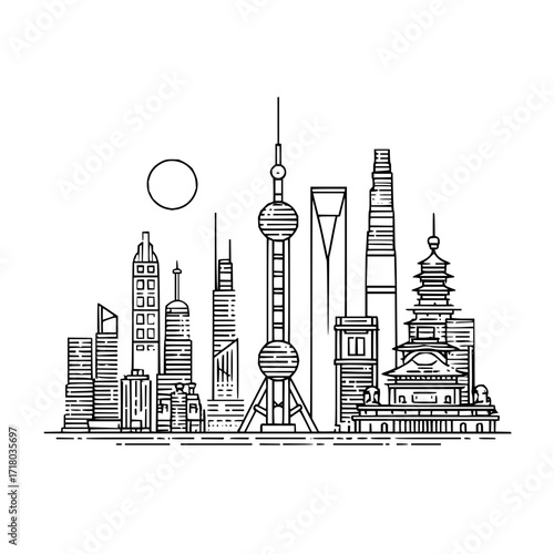 Shanghai china skyline vector illustration oriental pearl tower and jin mao tower line art cityscape drawing
