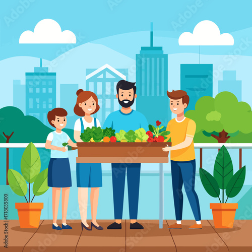 Family of four holds a raised garden bed filled with vegetables on a rooftop with a city skyline backdrop.