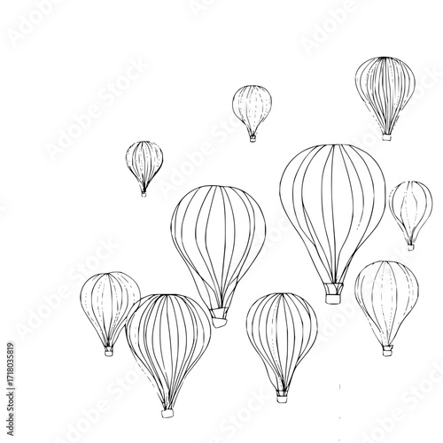 Hot air balloons flying in the sky drawing black and white illustration vector graphic design image