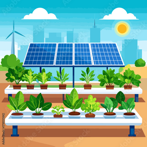 Smart city concept illustration with an urban hydroponic farm powered by solar panels, showcasing a vision of sustainable future agriculture