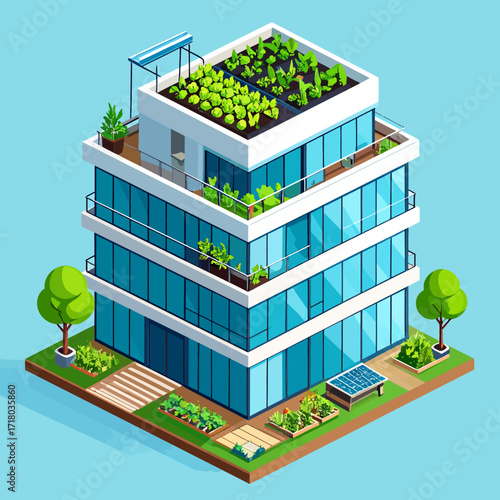 Isometric Eco-Friendly Building with Rooftop Garden and Sustainable Design Elements