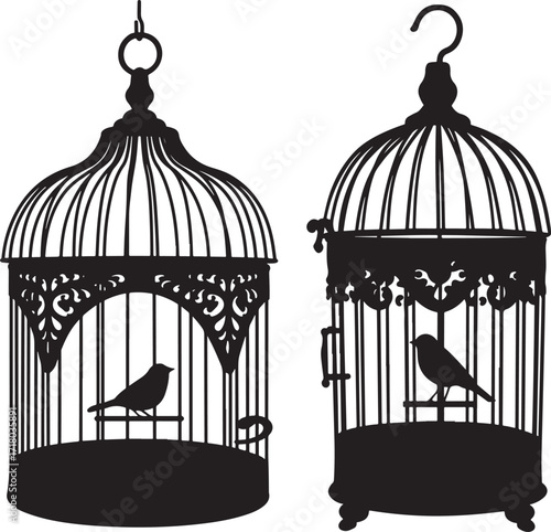 Two ornate bird cages with birds silhouette