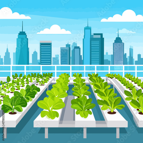 Urban farming with hydroponic systems on rooftops, showcasing sustainable agriculture in a city skyline