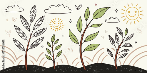 Doodle Style Illustration of Plants Growing with Smiling Suns and Clouds seedlings leaves