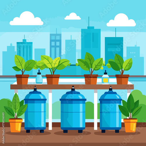 Rooftop urban garden with sustainable plant cultivation system and city skyline background, promoting eco-friendly agriculture in an urban environment