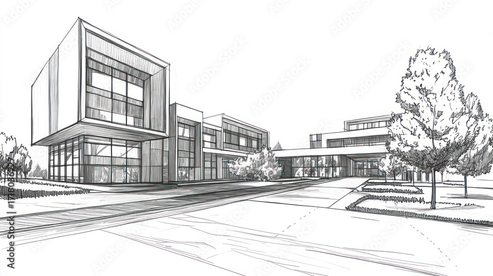 Fototapeta premium Architectural sketch modern building complex