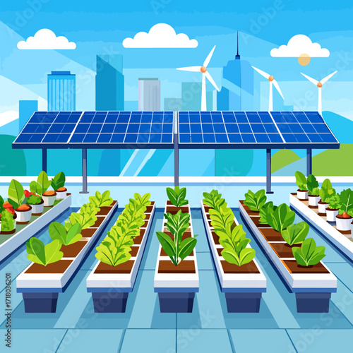 Sustainable urban farming concept with a rooftop garden, solar panels, and a green city skyline with wind turbines