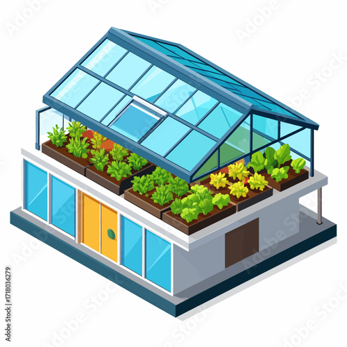 Modern Isometric Building with Rooftop Greenhouse and Urban Garden. Sustainable Architecture and Eco-Friendly Urban Farming Concept for City Living and Green Spaces