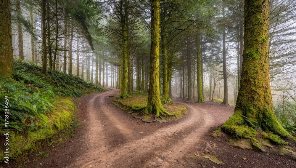 Fototapeta premium A winding dirt path meanders through a misty forest, showcasing towering trees draped in vibrant green moss.