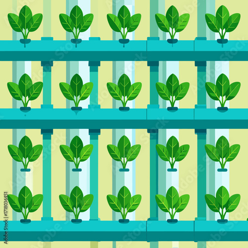 Hydroponic farming illustration of healthy green plants growing in rows of tubes under artificial lights
