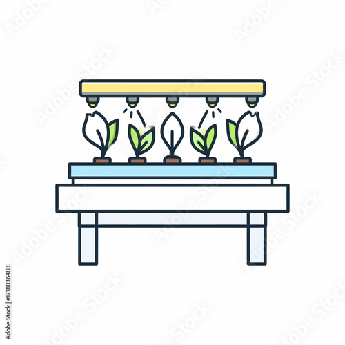Indoor plant cultivation setup with grow lights, representing modern vertical farming, smart agriculture, and sustainable urban gardening technology