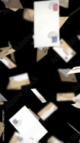 Cascading diverse brown and white envelopes with intricate stamps tumble against a deep black cyclorama, soft bokeh and shadows, slow dolly out, concept of mail delivery and communication