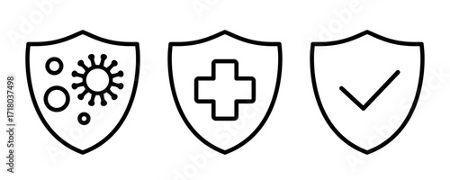 Antibacterial protection line icons, insurance health, immune system, medical health protection shield, healthcare medicine protected guard shield concept, safety badge icon, security safeguard label