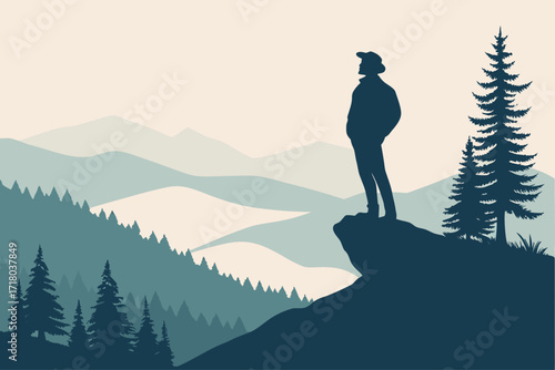 Silhouette man standing on mountain cliff looking at scenic landscape