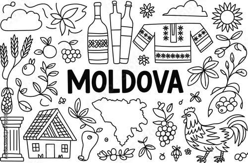 Moldova themed doodle art with cultural symbols and text drawing illustration