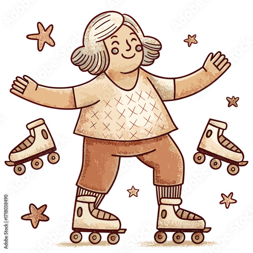 Senior woman rollerblading happily with stars around her  