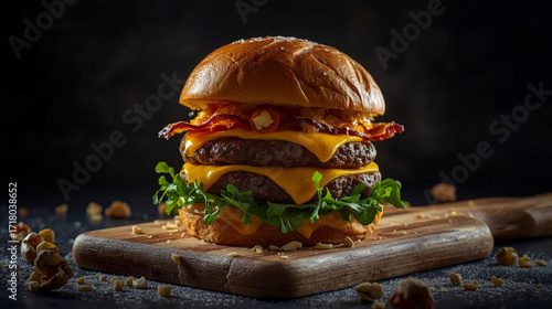 Delicious Double Patty Bacon Cheeseburger Feast on a Wooden Board