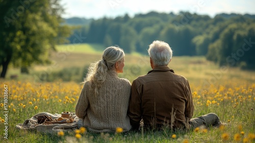 Elderly couple enjoying a serene moment in a flower-filled meadow nature photography peaceful environment back view