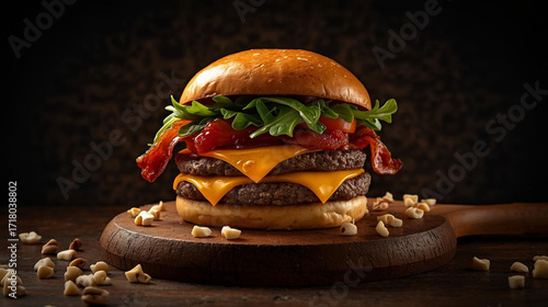Delicious Double Patty Bacon Cheeseburger With Fresh Greens And Tomatoes