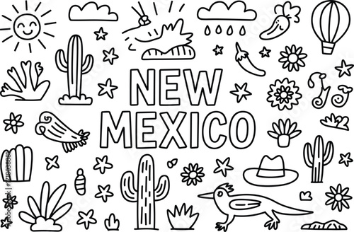 Wallpaper Mural New Mexico themed doodle art with desert elements and text drawing illustration Torontodigital.ca