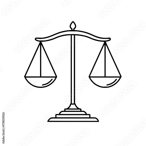 An illustration of a balance scale with two triangular pans and a tiered base in a minimalist design