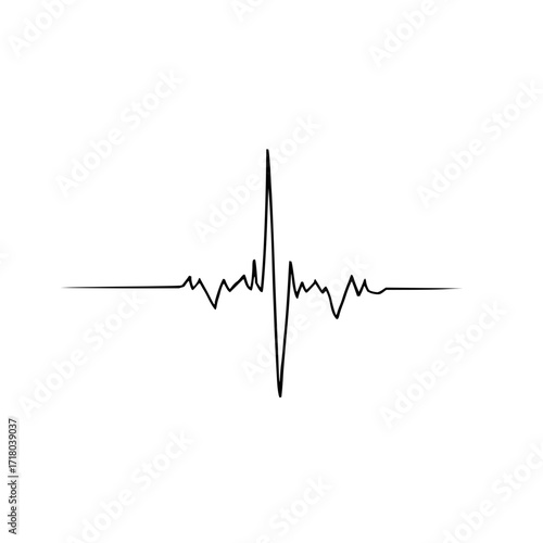 A simple black line drawing of an ekg heartbeat rhythm with a large spike on a white background
