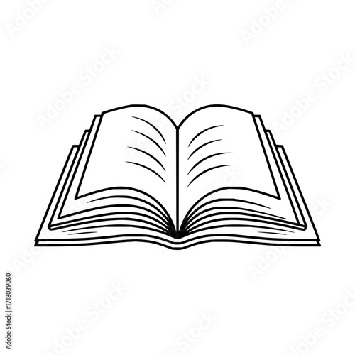 Illustration of an open book with visible pages and cover design in black and white outline style
