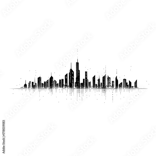 Illustration of a black and white skyline with tall buildings and a dotted reflection effect on the bottom