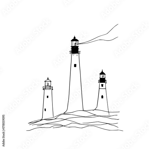 Three lighthouses standing on a wavy surface with smoke coming from the tallest one in black and white art