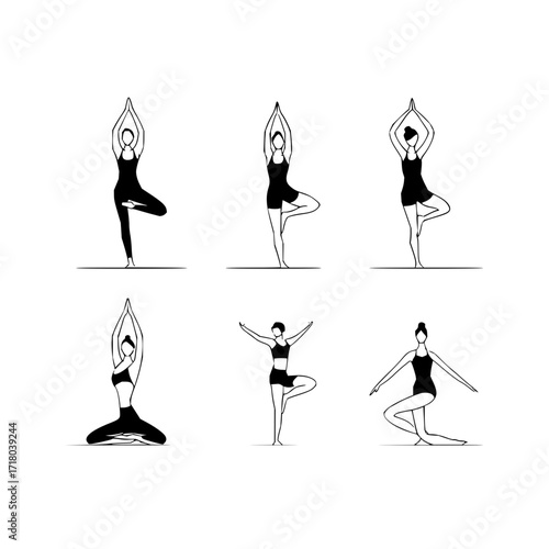 Illustration of six women in various yoga poses with hands raised above their heads in black and white