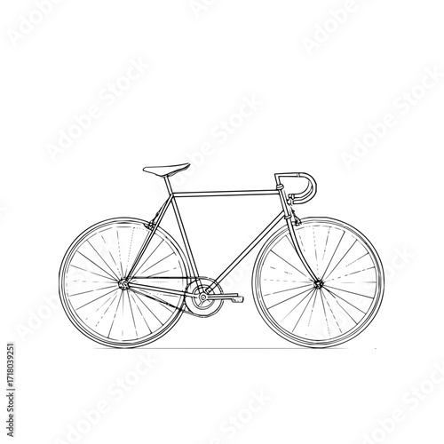 Detailed line drawing of a vintage bicycle with drop handlebars and spoked wheels on a white background