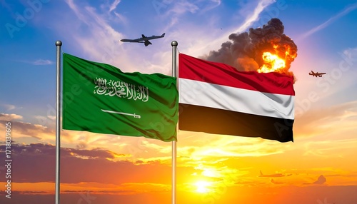 Saudi Arabia and Yemen flags with three military jets flying at sunset, one emitting trail, symbolizing geopolitical tension and defense presence.