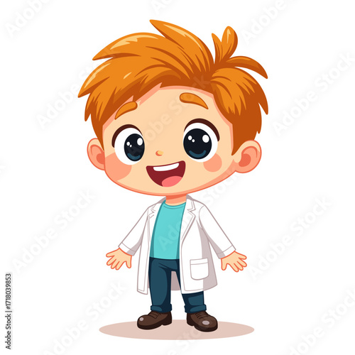 Happy cartoon boy wearing a lab coat and smiling cheerfully  