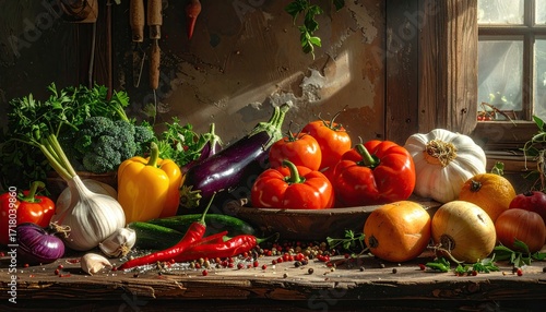 Rustic Still Life with Bread Cheese and Fruit in Warm Tones and Natural Light Displaying Variety of Fresh Produce On Weathered Wood Surface