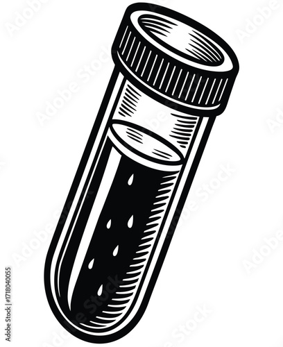 Detailed black and white vector illustration of a medical test tube with a blood sample, depicted in a classic woodcut style for science and laboratory concepts
