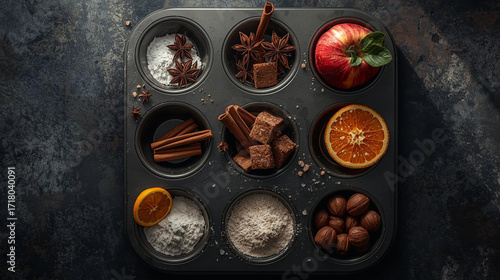 Muffin Tin Baking Ingredients Arranged Beautifully for Festive Season